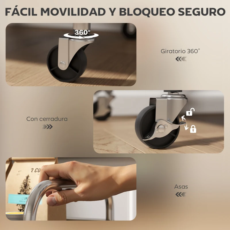 HOMCOM Carrito Auxiliar con Ruedas de Acero Inoxidable Carro de Servicio de 3 Niveles con Estante Ajustable 60x35x77 cm Plata