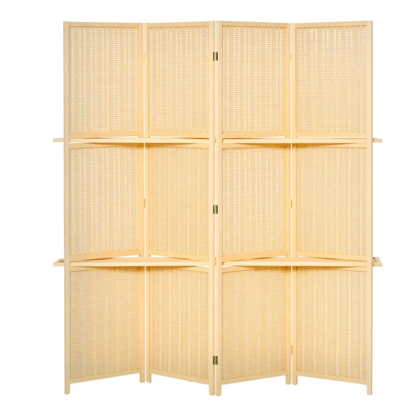 HOMCOM Biombo de 4 Painéis de Bambu Separador de Ambientes Dobrável com 2 Prateleiras Removíveis para Dormitório 180x180 cm Madeira