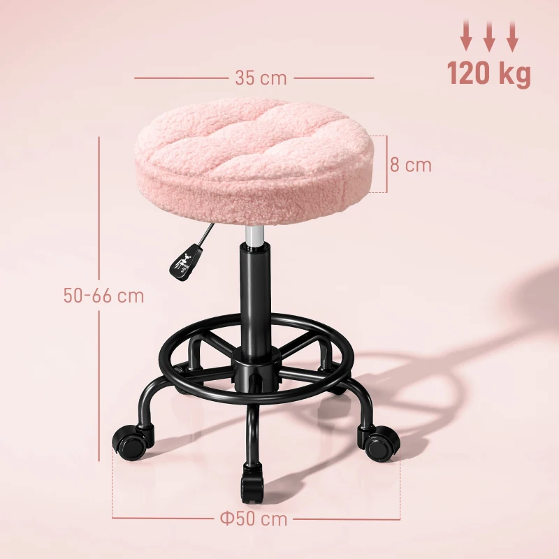 HOMCOM Banco Giratório Redondo Banco com Rodas Altura Regulável 50-66 cm Assento Estofado em Tecido tipo Borreguito Rosa