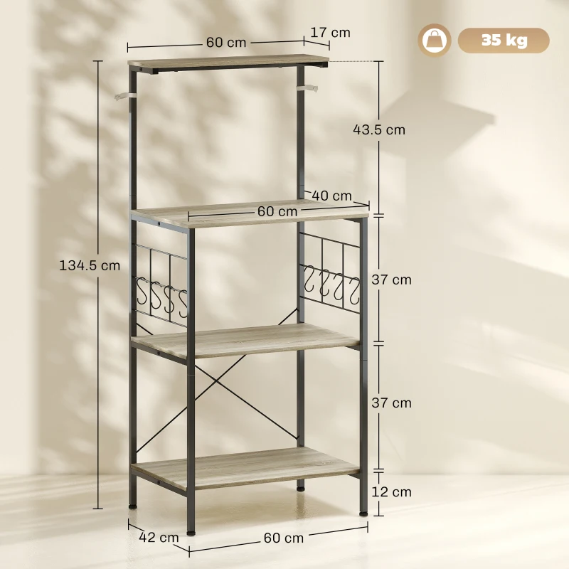 HOMCOM Raft Bucătărie 4 Nivele cu Panouri de Plasă și 8 Cârlige Stil Industrial, 60x42x134.5 cm, Stejar