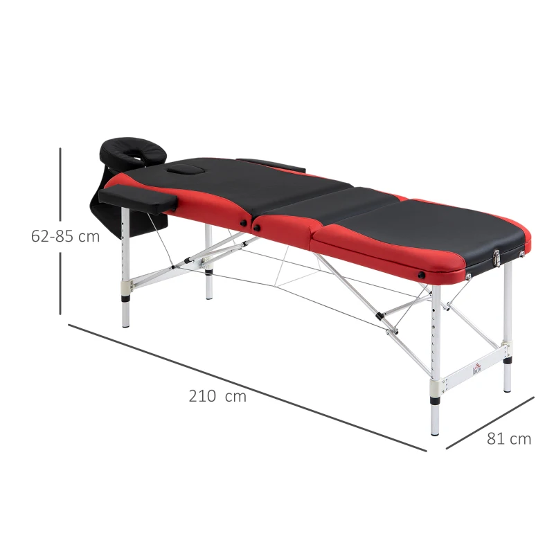 HOMCOM Lit/Table de Massage Cosmetique Pliable en Aluminium 3 Zones Noir et Rouge