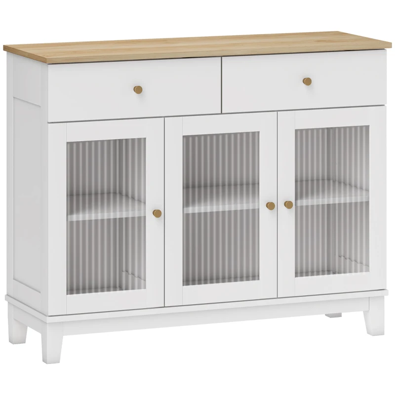 HOMCOM Aparador para Salón Moderno con 3 Puertas de Vidrio Estriado 2 Cajones y Estantes Ajustables 100x35x80,3 cm Blanco