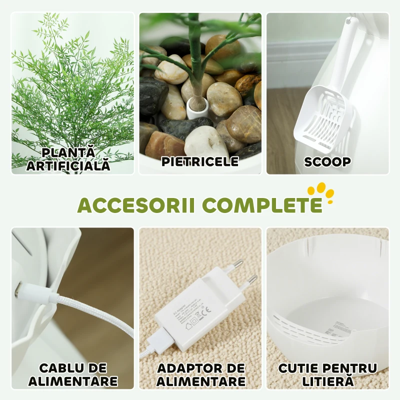 PawHut Ladă de Gunoi Anti-Miros pentru Pisici în Formă de Vas din ABS și Oțel Inoxidabil Alb