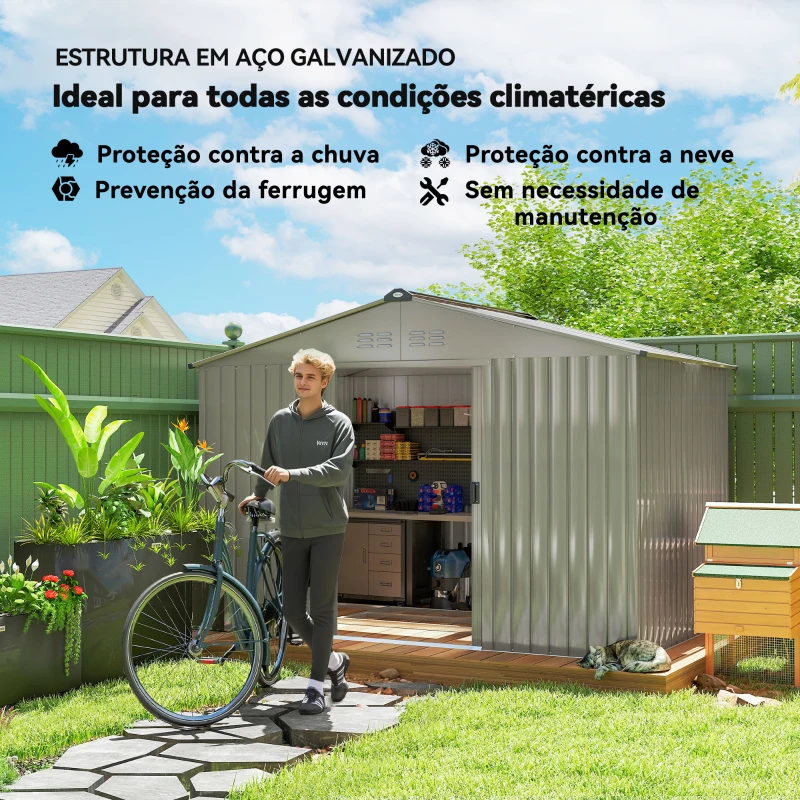 Outsunny Abrigo de Jardim Exterior 4,9 m² 277x195x192cm Abrigo e Jardim Metálico para Armazenamento de Ferramentas Cinzento