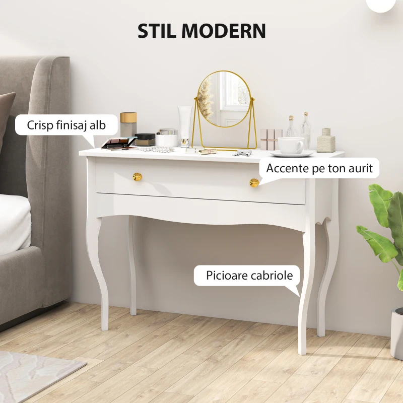HOMCOM Masă de Toaletă Elegantă cu Sertar Spațios din Lemn Alb 100x40x74 cm
