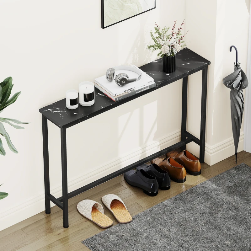 HOMCOM Mesa Consola Moderna Consola de Entrada Estreita com Superfície com Efeito Mármore e Estrutura de Metal 100x20x66 cm Preto