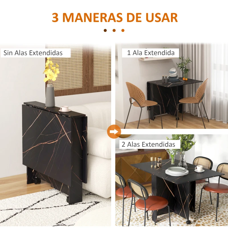 HOMCOM Mesa de Comedor Plegable con Ruedas y 2 Alas Abatibles Hasta 6 Personas Acabado Mármol 120x80x73 cm Negro