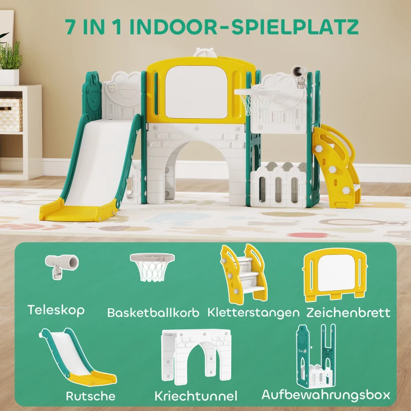 AIYAPLAY 7-in-1 Rutschenset für Kleinkinder, Basketballkorb, Froschdesign, Klettergerüst, Schaukelsitz, für drinnen und draußen, Gelb+Grün(m-4)