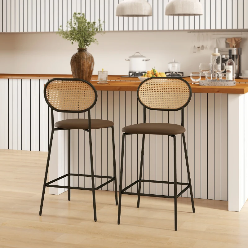 HOMCOM Conjunto de 2 Bancos de Bar Bancos Altos de Cozinha com Encosto em Vime Assento em PU Estrutura de Aço 45x50x97 cm Marrom