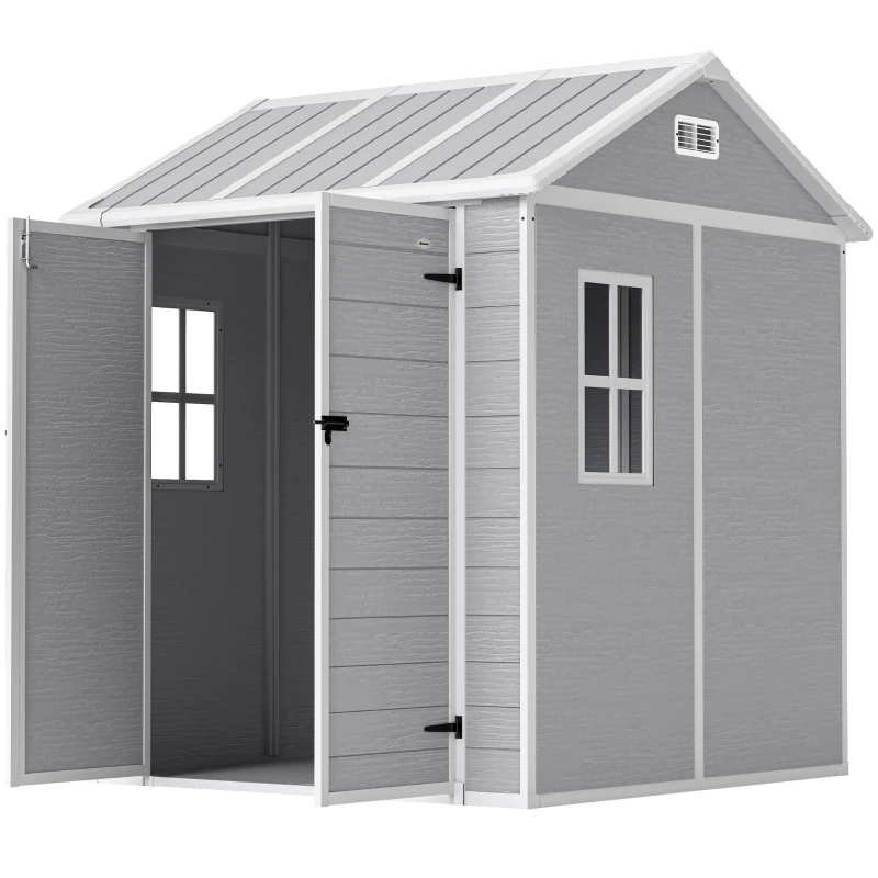 Outsunny 6 x 6ft Garden Shed with Floor, Window, Lockable Doors and Vents, Wood Effect Resin Tool Shed for Outdoor Patio, Grey