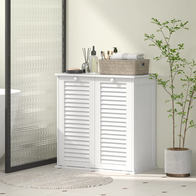 HOMCOM Szafka na Pranie, 2 kosze klapowe na bieliznę, 2 drzwi z lamelami, 70 x 38 x 73 cm, Biały