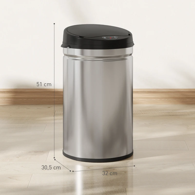 HOMCOM Balde de Lixo de Cozinha Automático 30 L em Aço Inoxidável Sensor Infravermelhos Fecho Automático 32x30,5x51 cm Prata
