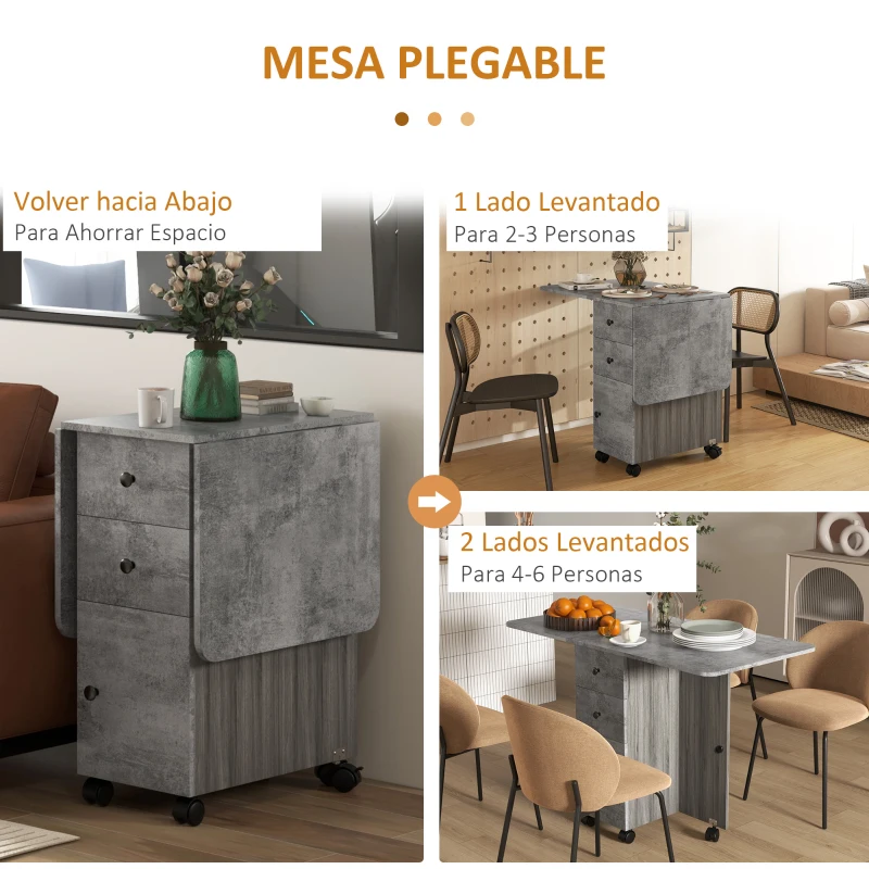 HOMCOM Mesa Plegable de Comedor con Ruedas Alas Abatibles 2 Cajones y Armario Hasta 6 Personas 120x60x76,5 cm Gris
