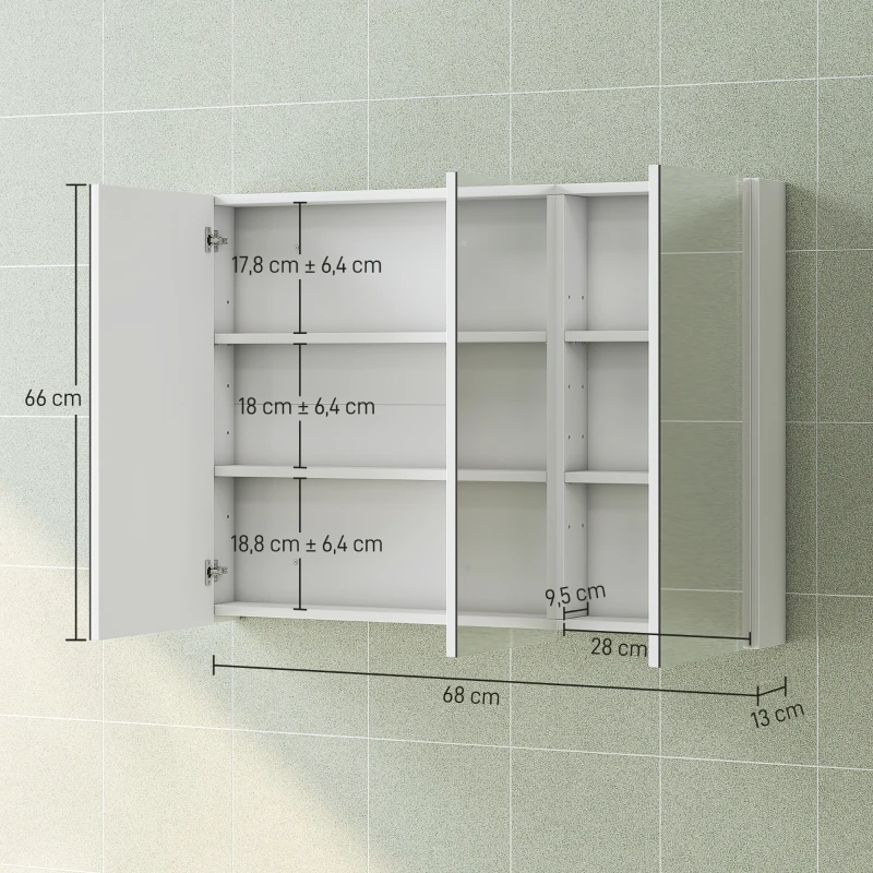 HOMCOM Armadio da Bagno con Specchio Design con Bordi Curvi 2 Porte Mensole Regolabili 68x13x66 cm Bianco