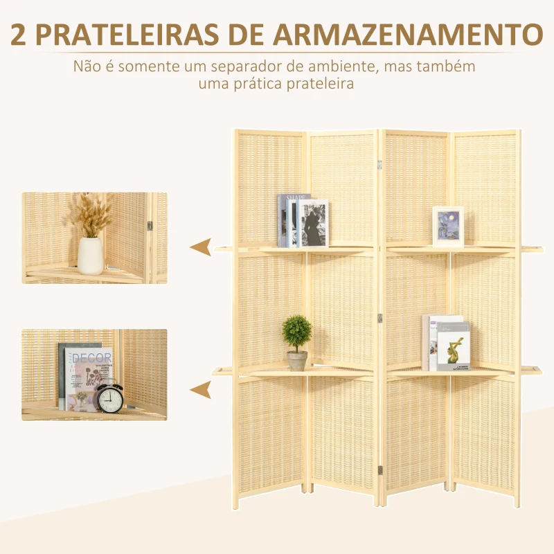 HOMCOM Biombo de 4 Painéis de Bambu Separador de Ambientes Dobrável com 2 Prateleiras Removíveis para Dormitório 180x180 cm Madeira