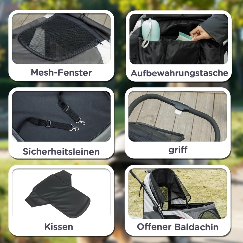 PawHut Hundewagen, Faltbarer Hundebuggy für große Hunde, Haustierwagen mit 4 Rädern, Sicherheitsleinen, Bremsen, Dunkelgrau(m-7)