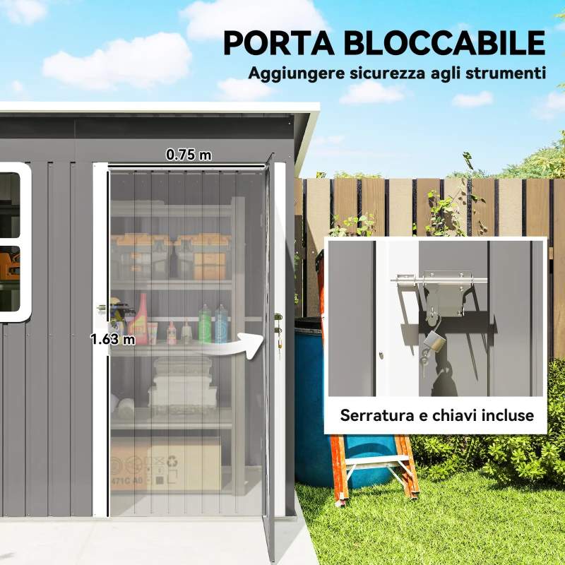 Outsunny Casetta da Giardino in Acciaio con Porta con Blocco, Finestra e Prese d'Aria, 2.2 x 1.3 m, Grigio(m-6)