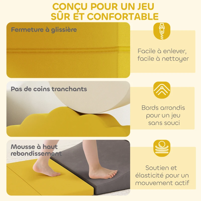 AIYAPLAY Parcours motricité bébé blocs mousse éducatifs modulable 7 pièces avec housse lavable en velours sécurité renforcé jaune(m-5)