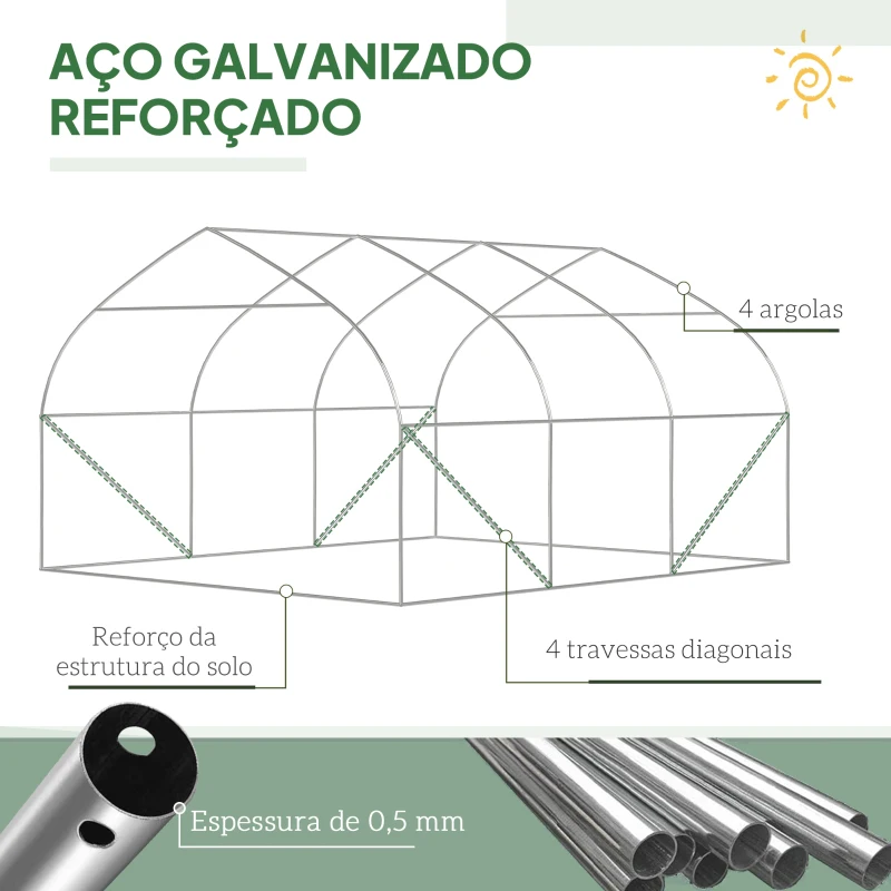 Outsunny Estufa Tipo Túnel 347x300x200 cm Estufa de Jardim com Porta Enrolável 6 Janelas Cobertura PE 140g/m²  Verde