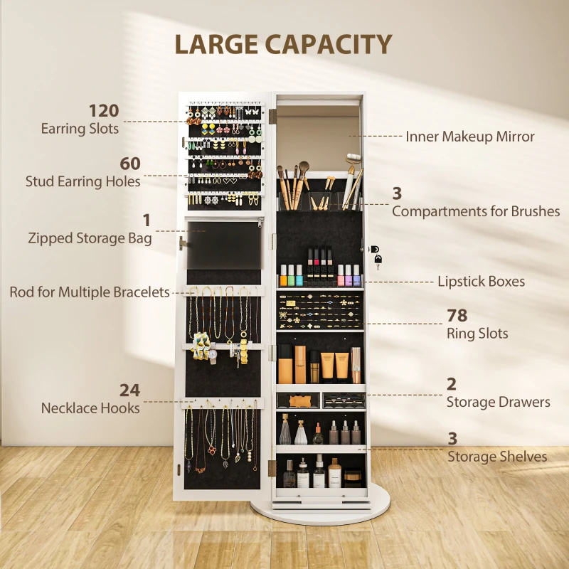 HOMCOM Dulap pentru Bijuterii 3 în 1 Rotativ cu 360°, Rafturi Posterioare și Ușă cu Cheie, 55x55x161 cm, Alb