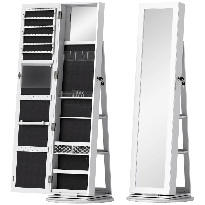 HOMCOM Dulap pentru Bijuterii 3 în 1 Rotativ cu 360°, Rafturi Posterioare și Ușă cu Cheie, 55x55x161 cm, Alb