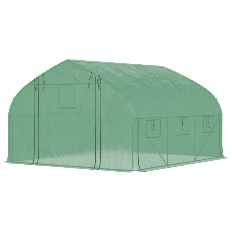 Outsunny Estufa Tipo Túnel 347x300x200 cm Estufa de Jardim com Porta Enrolável 6 Janelas Cobertura PE 140g/m²  Verde