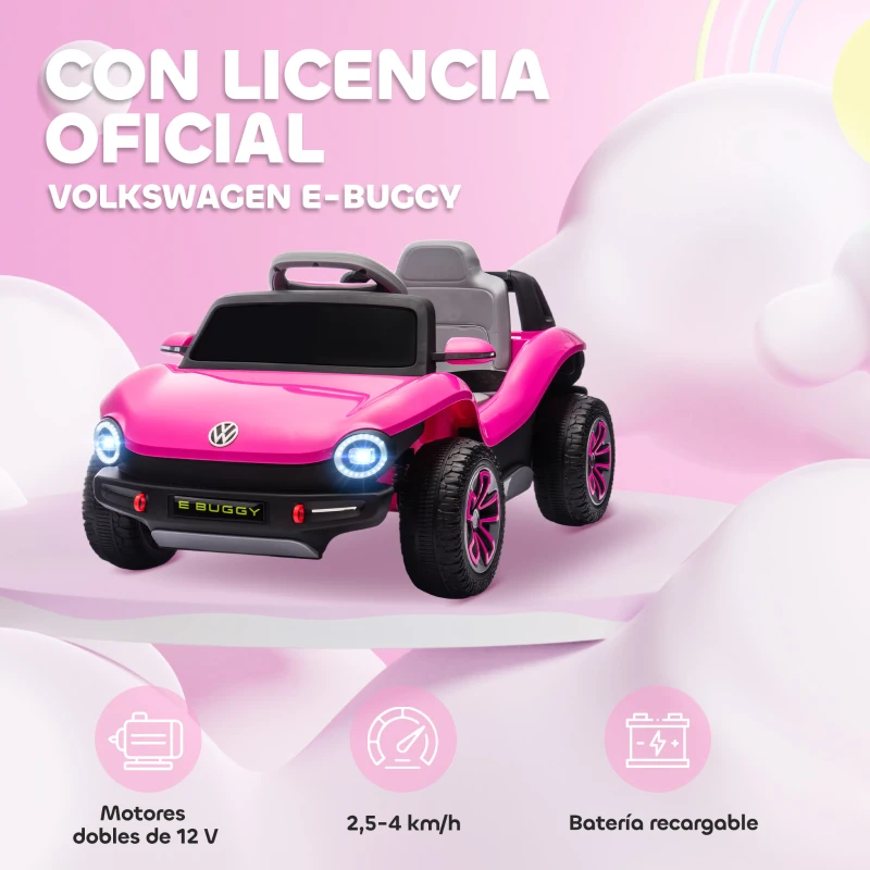 AIYAPLAY Coche Eléctrico para Niños de +3 Años Volkswagen E-Buggy 12V con Mando a Distancia 2,4 G Ruedas con Suspensión Rosa
