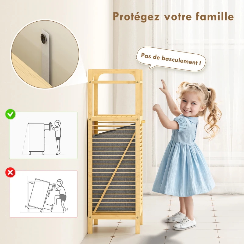 HOMCOM Meuble de rangement en bambou meuble de salle de bain étagère panier à linge basculant 40x30x95cm effet bois naturel