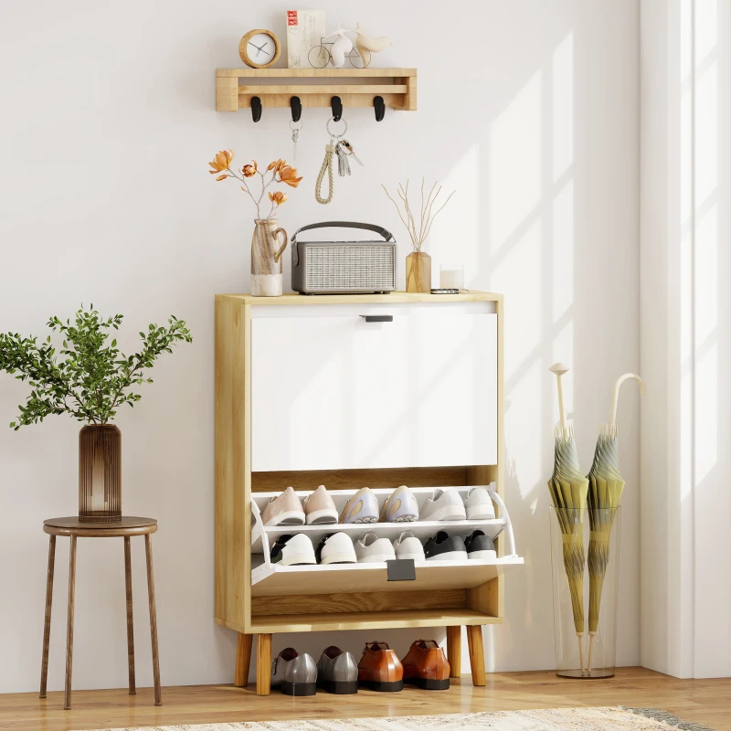 HOMCOM Scarpiere Stretto con 2 Porte in Bianco Lucido Ripiani Regolabili Gambe in Legno per 12 Paia di Scarpe