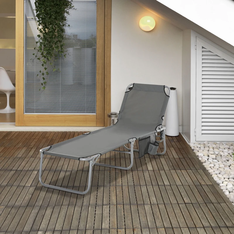 Outsunny Bain de soleil transat pliable dossier réglable multipositions pochette rangement intégrée acier époxy oxford gris