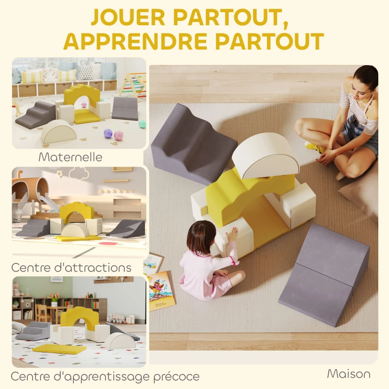 AIYAPLAY Parcours motricité bébé blocs mousse éducatifs modulable 7 pièces avec housse lavable en velours sécurité renforcé jaune(m-7)