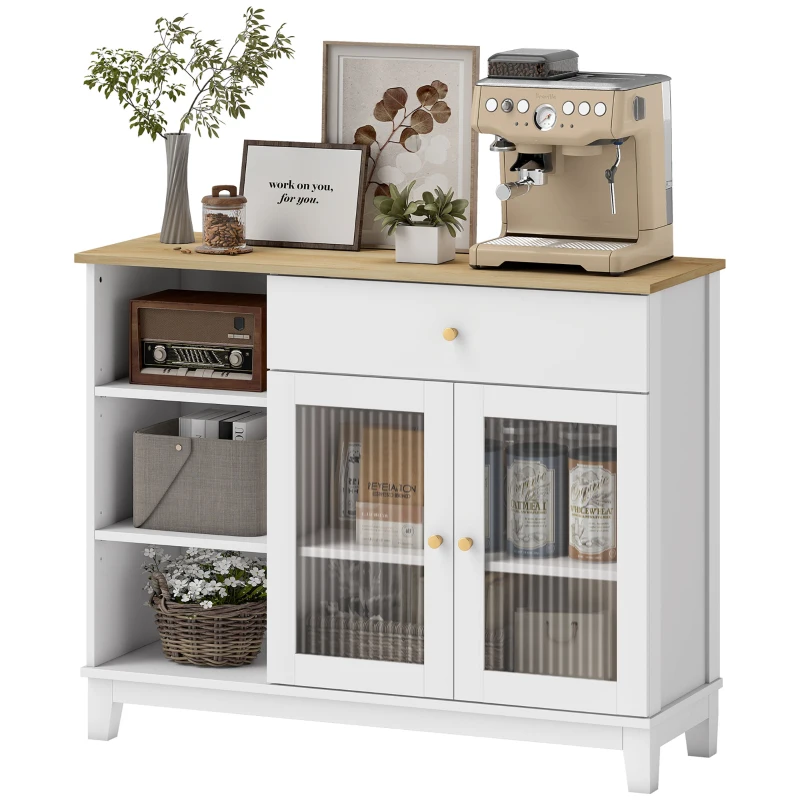 HOMCOM Aparador para Salón con 2 Puertas de Vidrio Cajón Compartimentos Abiertos y Estantes Ajustables 100x35x80,3 cm Blanco