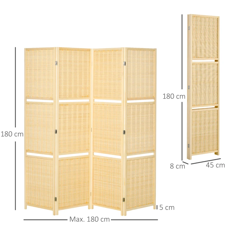 HOMCOM Biombo de 4 Painéis de Bambu Separador de Ambientes Dobrável com 2 Prateleiras Removíveis para Dormitório 180x180 cm Madeira