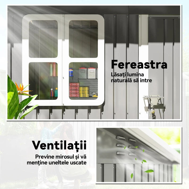 Outsunny Căsuță de Grădină pentru Unelte cu Ușă Batantă și Acoperiș Înclinat, 221x133x190 cm, Gri Închis(m-5)