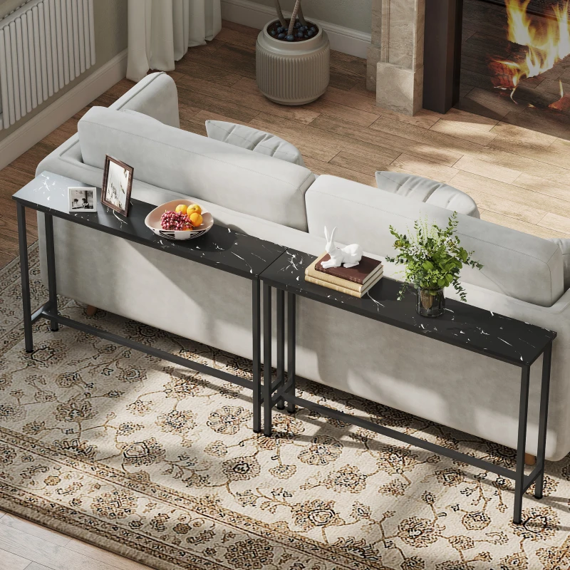 HOMCOM Mesa Consola Moderna Consola de Entrada Estreita com Superfície com Efeito Mármore e Estrutura de Metal 100x20x66 cm Preto