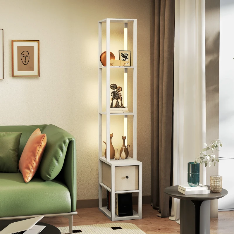 HOMCOM Candeeiro de Pé Moderno com Prateleiras Abertas Gaveta de Tecido e Interruptor de Pé 43,5x26,5x169 cm Branco