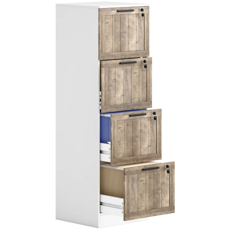 HOMCOM Bloco de Gavetas de Escritório com 4 Gavetas Fecho e 2 Chaves e Barras para Pendurar A4 Carta 39,4x40x129 cm Branco e Madeira