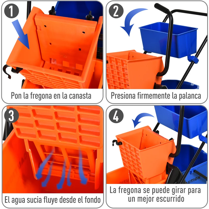 HOMCOM Cubo para Fregona Comercial Cubeta de Trapeador con Escurridor de Presión Abajo Capacidad de 26L con 4 Ruedas Silenciosas Doble Cubetas Separadas 78x45x95 cm Naranja y Azul