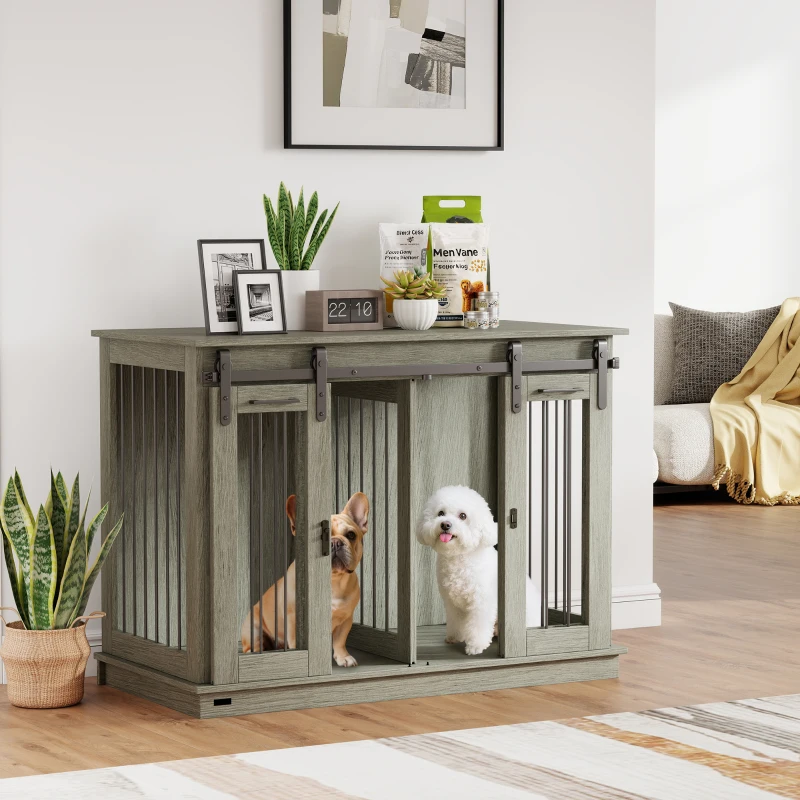 PawHut Hundekäfig mit 2 Türen, Hundebox, Transportbox für Hunde, rustikales Design, verriegelbar, Grau(m-2)
