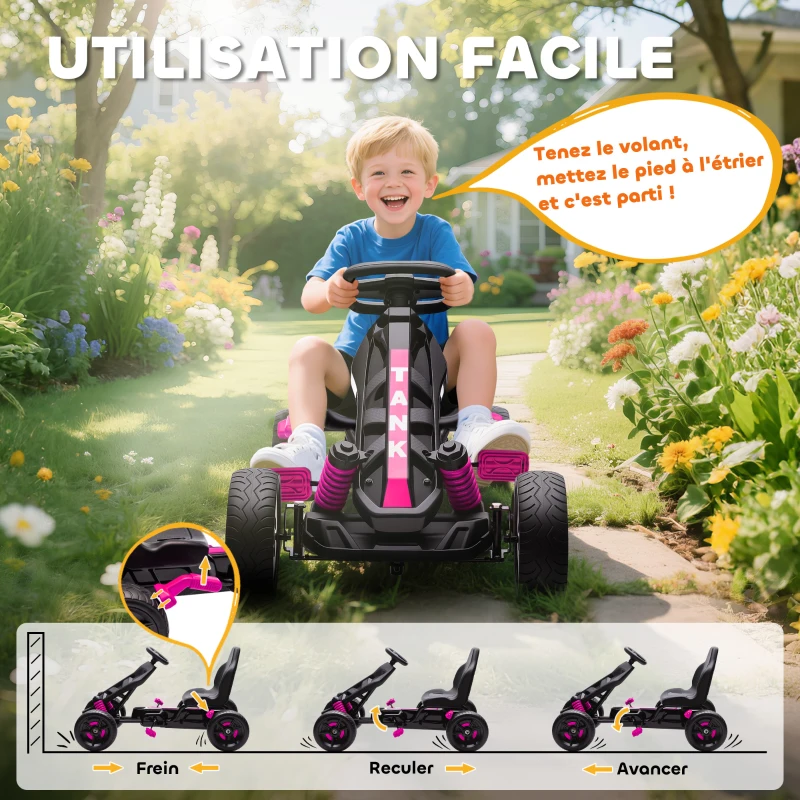 AIYAPLAY Kart à pédales pour enfants, karting enfant 3 à 6 ans avec roue libre, frein, roues EVA antidérapantes, rose