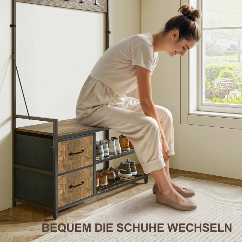 HOMCOM 6-in-1 Kapstok met Schoenenbank en Schoenenrek, Industrieel Ontwerp, 10 Haken, 2 Stoffen Laden, Metaal, Bruin(m-7)