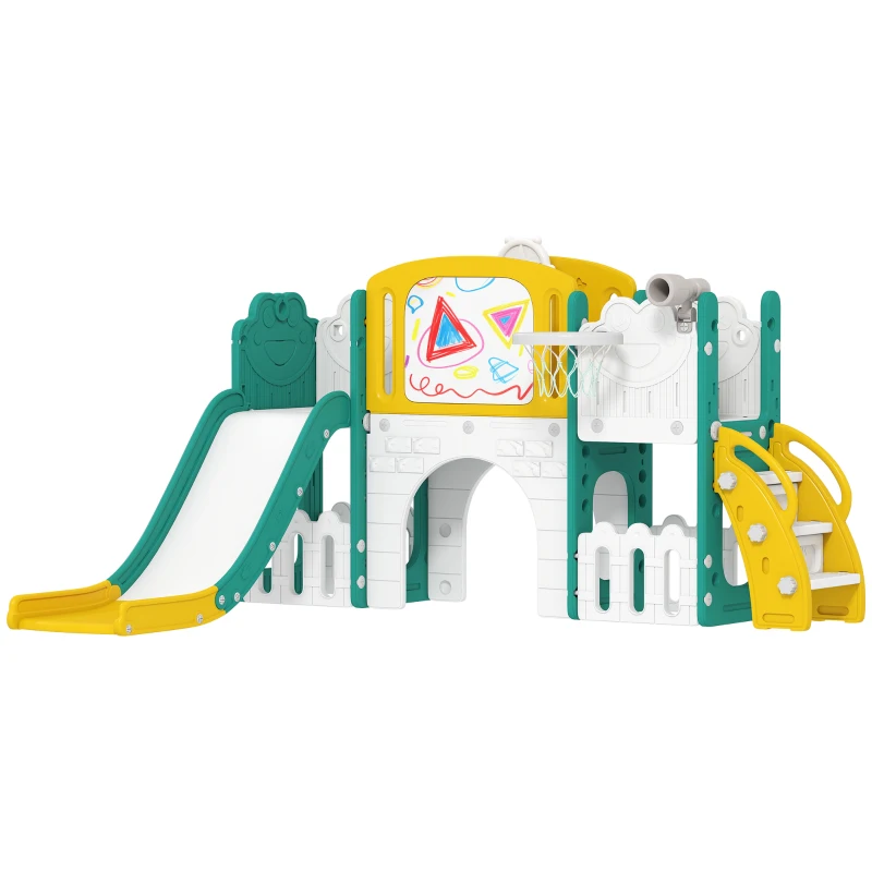 AIYAPLAY Set scivolo 7-in-1 per Bambini, con Cestino da Basket, Parete da Arrampicata e Altalena, per Interni ed Esterni, Giallo e Verde