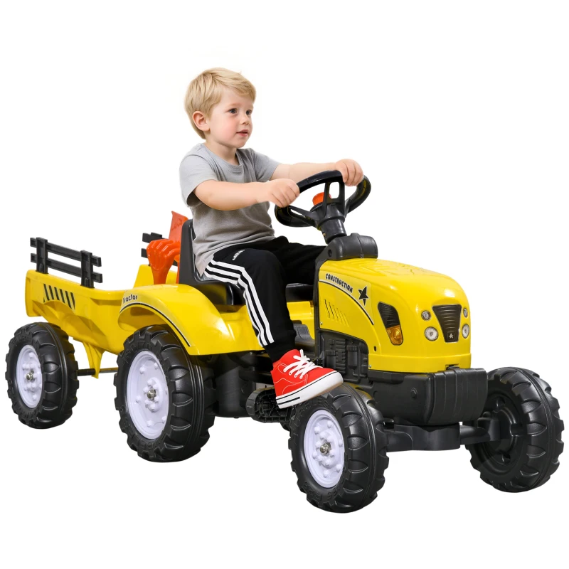 HOMCOM Trattore a Pedali per Bambini da 3+ Anni con Rimorchio, Rastrello, Pala e Clacson, Giallo