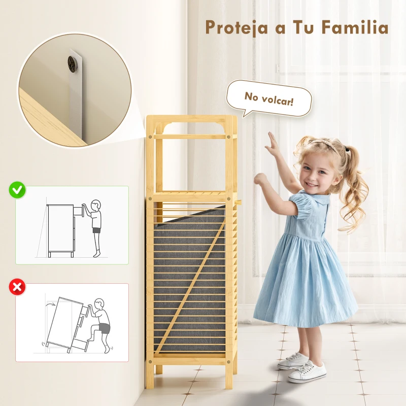 HOMCOM Armario de Baño Estrecho de Bambú con 2 Estantes Abiertos Cesto Extraíble y Diseño con Listones 40x30x95 cm Natural