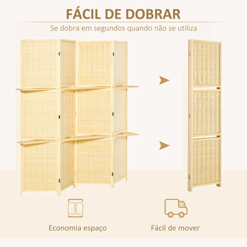 HOMCOM Biombo de 4 Painéis de Bambu Separador de Ambientes Dobrável com 2 Prateleiras Removíveis para Dormitório 180x180 cm Madeira
