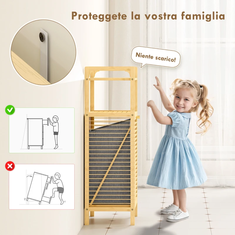 HOMCOM Mobile Bagno a Doghe con Cesto Portabiancheria e Armadietto, in Bambù e Poliestere, 40x30x95 cm, Grigio e Legno