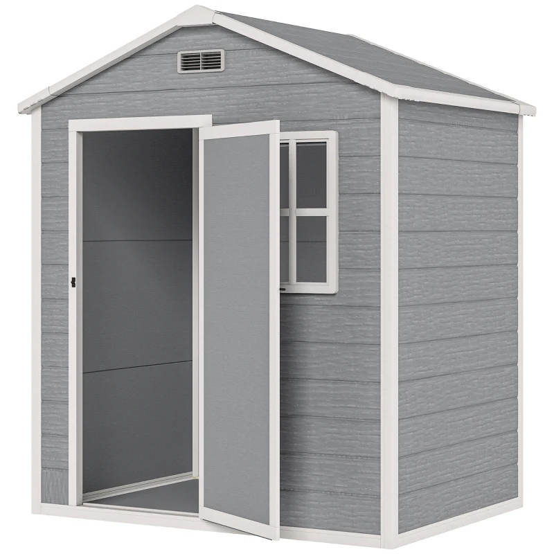 Outsunny 6 x 4ft Garden Shed, Plastic Shed with Floor, Window, Lockable Door and Vents, Wood Effect Resin Tool Shed for Outdoor, Grey