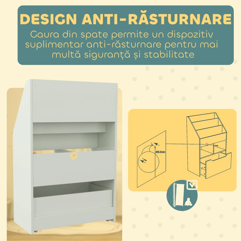 HOMCOM Bibliotecă pentru Copii cu Rafturi, Sertar și Roți, Raft pentru Jucării și Cărți, 60x29.9x90 cm, Verde