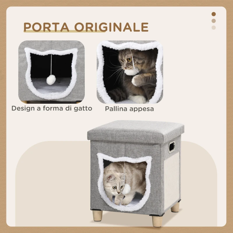 PawHut Casetta per Gatti con Tiragraffi, Cuscino e Pallina, in Legno e Poliestere, 35.5x35.5x42.5 cm, Crema e Grigio