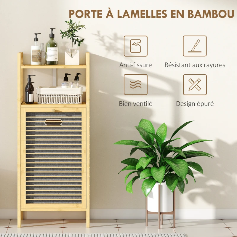 HOMCOM Meuble de rangement en bambou meuble de salle de bain étagère panier à linge basculant 40x30x95cm effet bois naturel